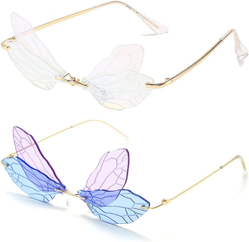 

BOJOD Безободковые милые солнцезащитные очки для женщин, модные винтажные креативные солнцезащитные очки в стиле 90-х, забавные очки в форме облака для дискотек, 2pack Dragonfly Blue and Clear