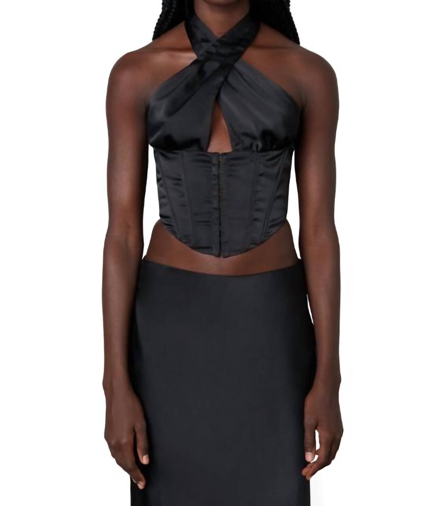 

Ren Satin корсетный топ-халтер в черном цвете NIA