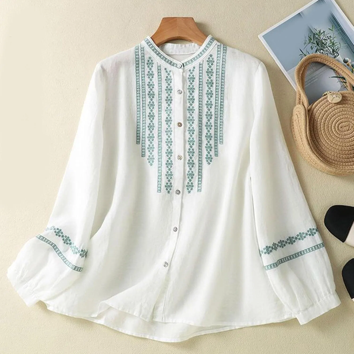 Футболка из хлопка и льна, с вышивкой, Button-Down Shirts, белый — фото 3
