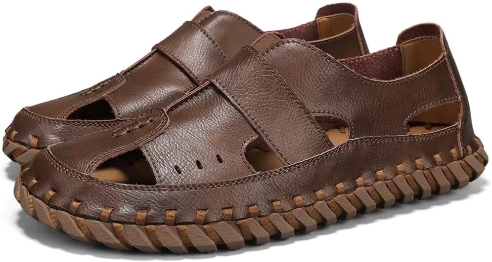 

Мужские сандалии Purfitall из кожи, пляжные сандалии для мужчин, закрытый носок, водонепроницаемые кроссовки, повседневные летние нескользящие сандалии для прогулок, походов и рыбалки, коричневый