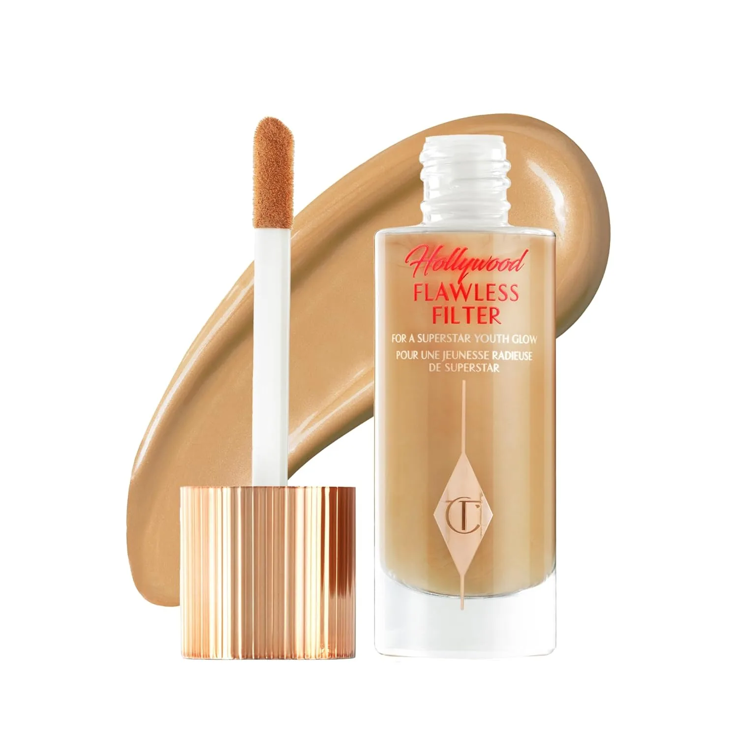 Charlotte Tilbury Hollywood Flawless Filter - универсальный праймер, бустер для сияния и жидкий хайлайтер с легким покрытием для гладкой и ровной кожи, 5.5 Tan - Neutral caramel shade for tan skin tones