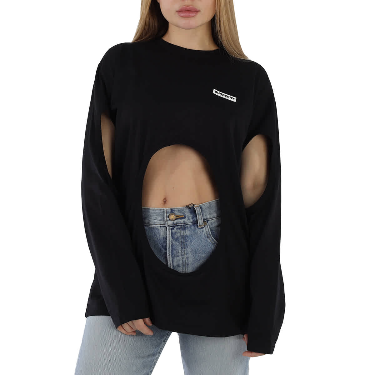 

Burberry Женская черная блузка оверсайз с лебединым принтом и вырезами