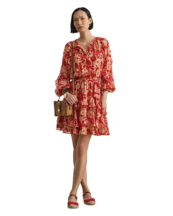 Платье из жоржета с многоярусной юбкой и оборками с принтом Ralph Lauren, Red/Tan
