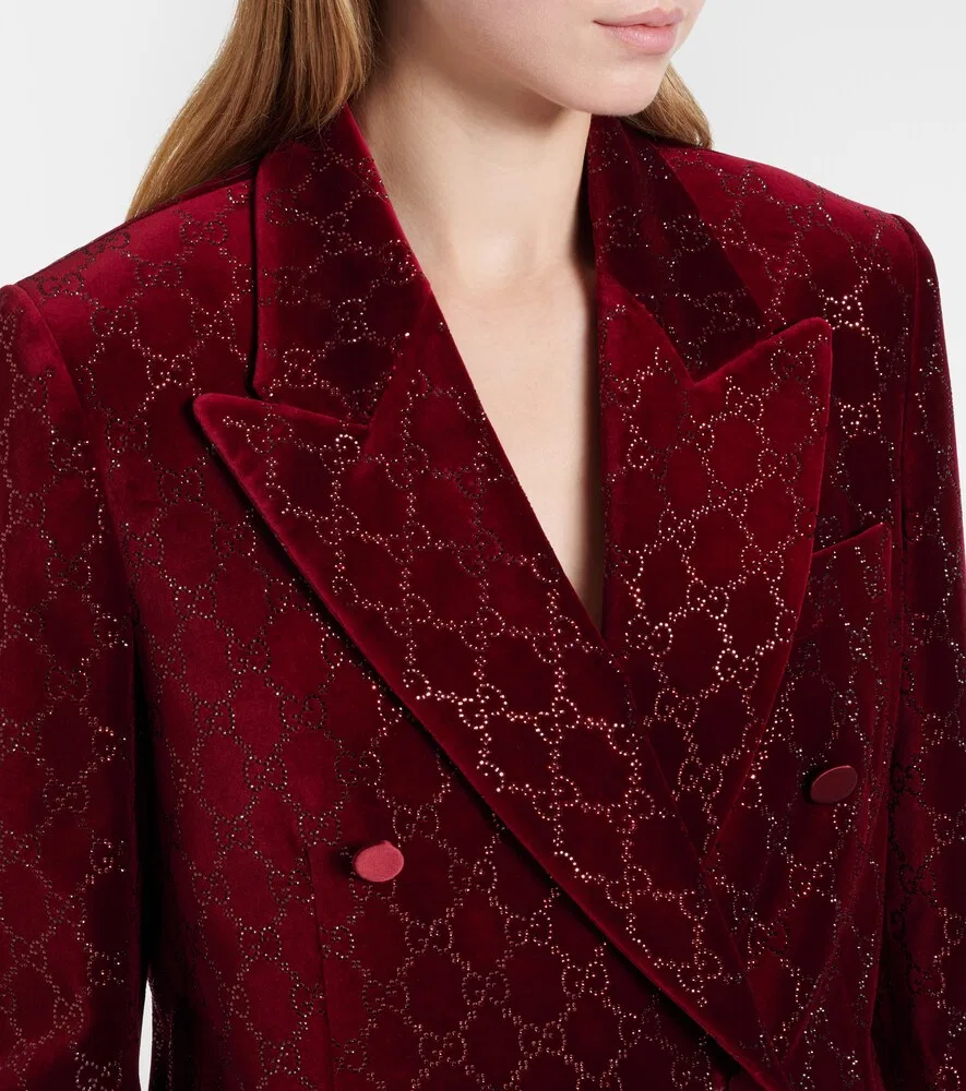 Блейзер Gucci из хлопкового бархата с вышивкой GG, двубортный крой, красный — фото 4