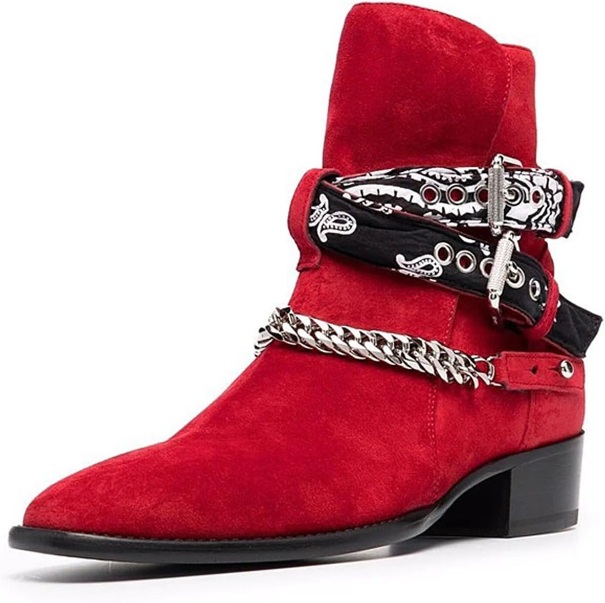 

Мужские ботинки Santimon Chelsea из кожи верхнего слоя с манжетой, ремешком с банданой и металлической цепочкой - стильные замшевые ботинки вестерн с боковой молнией для повседневной носки, вечеринок, концертов и повседневного стиля, красный