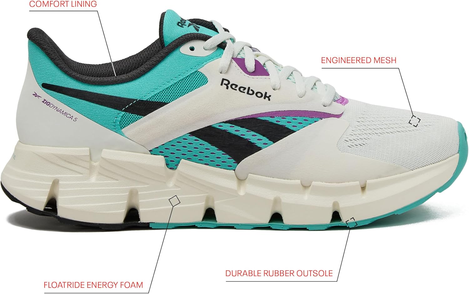 Кроссовки Reebok для взрослых унисекс Zig Dynamica 5, Chalk/Ai Aqua/Vintage Chalk — фото 2