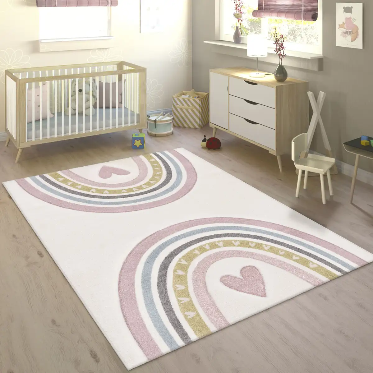 

Детский ковер Paco Home "Космос 351", прямоугольный, короткий ворс, игровой коврик, мотив радуги и сердца, детская комната 133х133 см, розовый