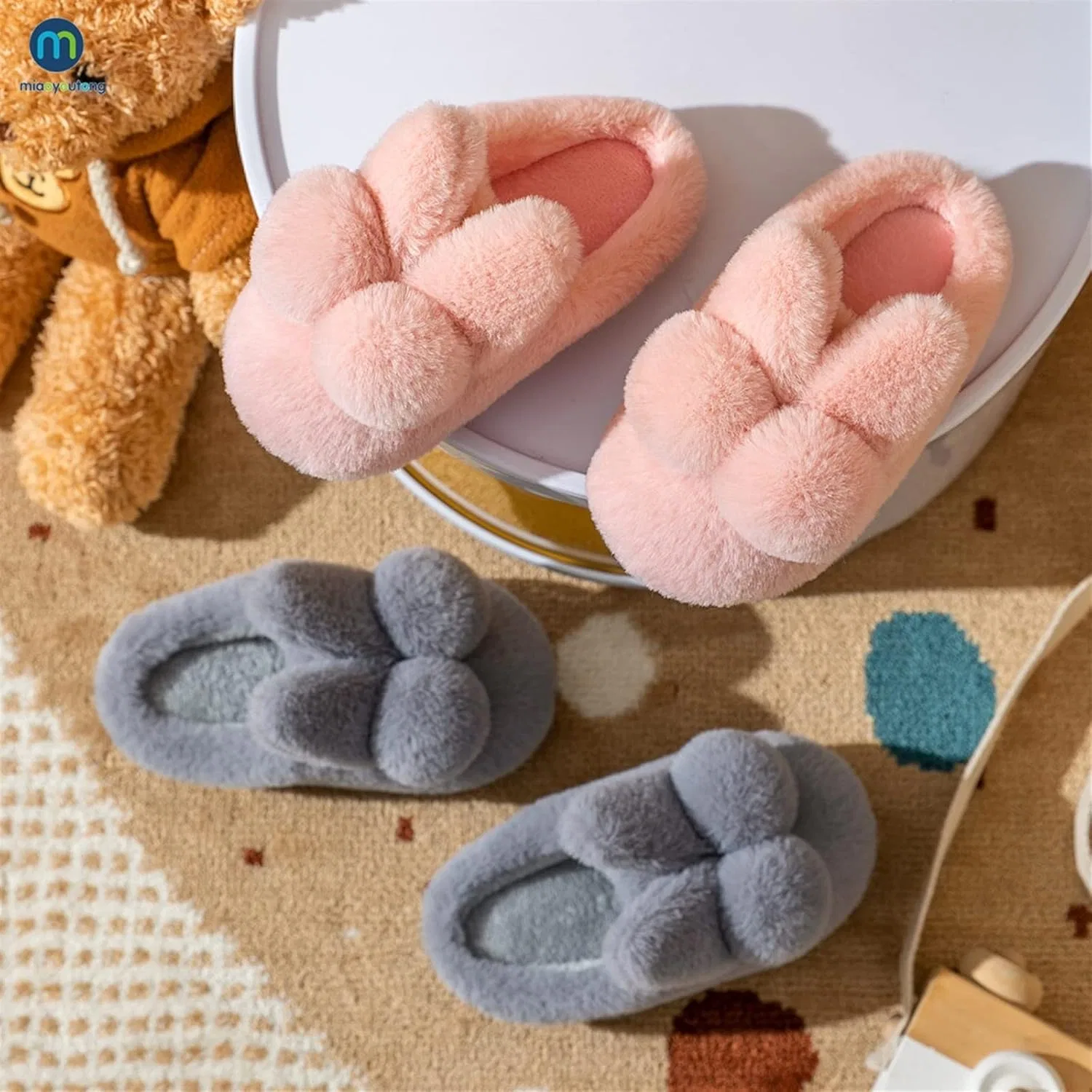 Generic Мужские тапочки, хлопковые тапочки, нескользящие теплые домашние тапочки, розовые тапочки для девочек (цвет: серый, размер: 34-35) — фото 2