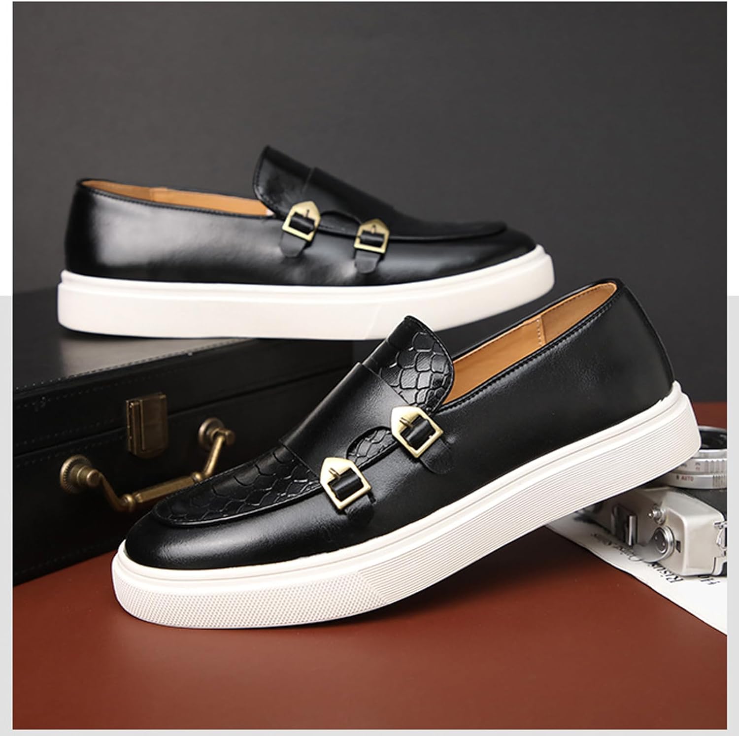 Мужские туфли с двойной пряжкой Monk Strap, повседневные модные классические деловые лакированные кожаные слипоны, лоферы, туфли Penny Loafers Aceptolcom, черный — фото 3