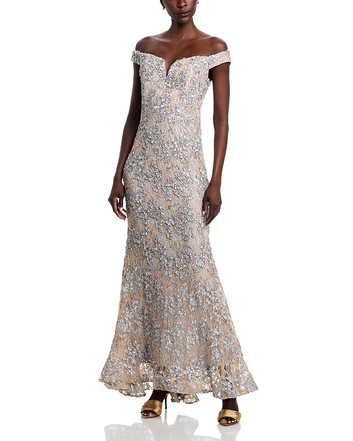 

Платье с открытыми плечами, украшенное кружевом - эксклюзивная модель AQUA, золотой