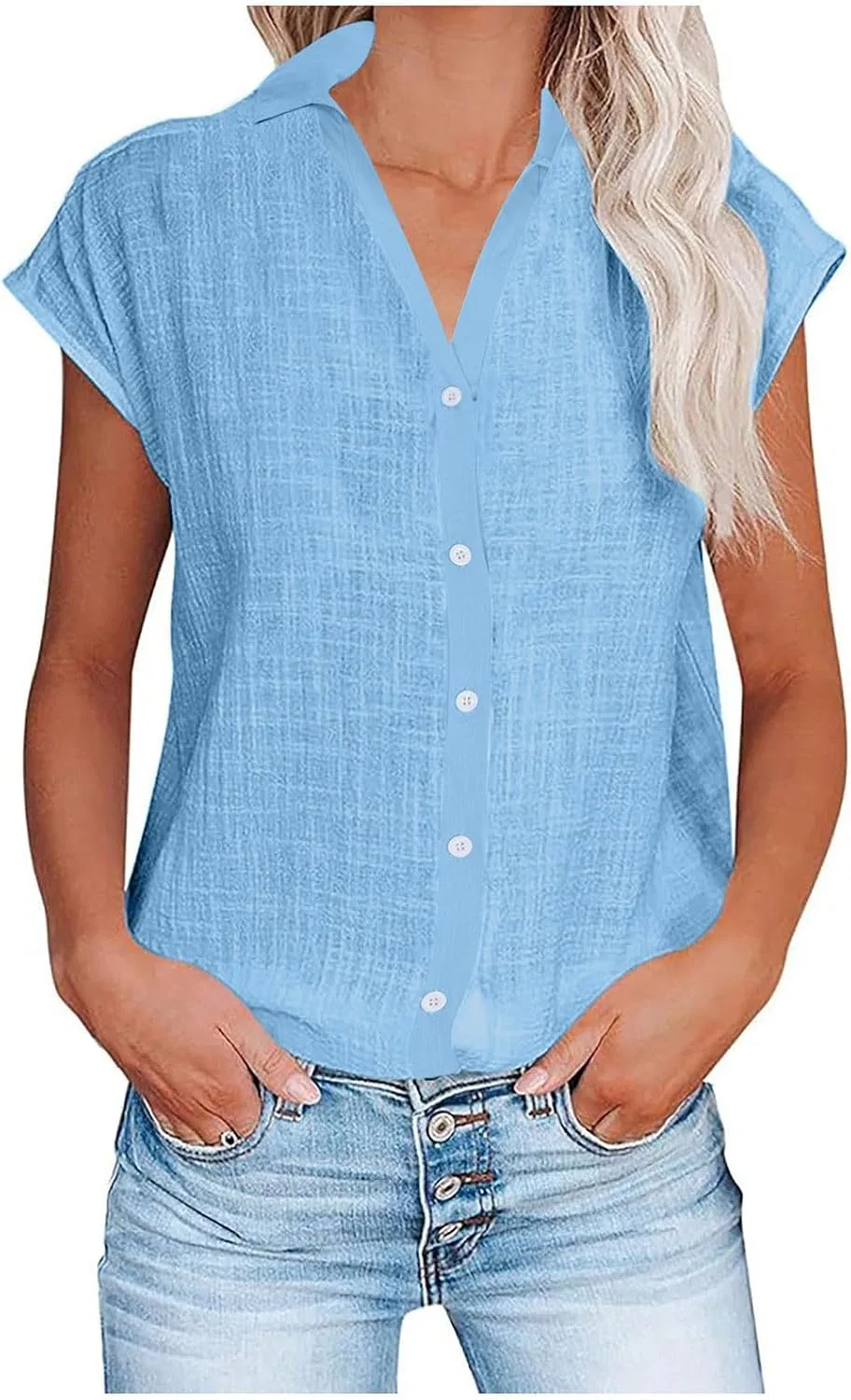 Блуза с пуговицами, Casual, Women Fashion, голубой