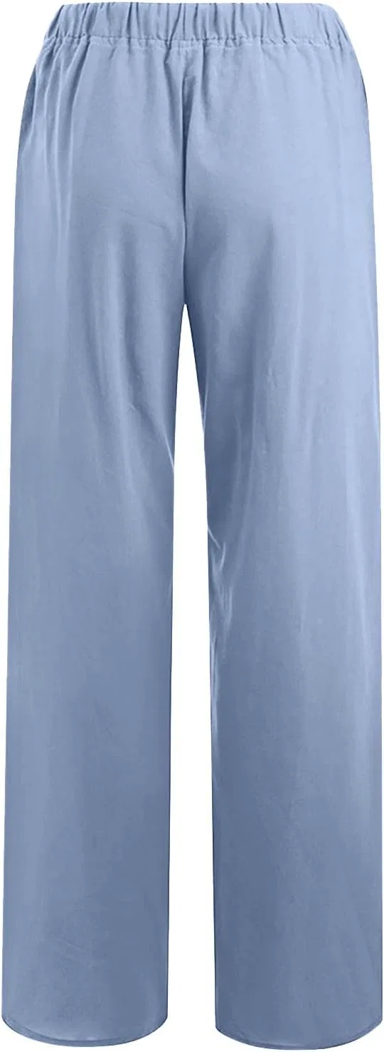 Штаны палаццо из хлопка и льна, свободные, с карманами, light blue — фото 3
