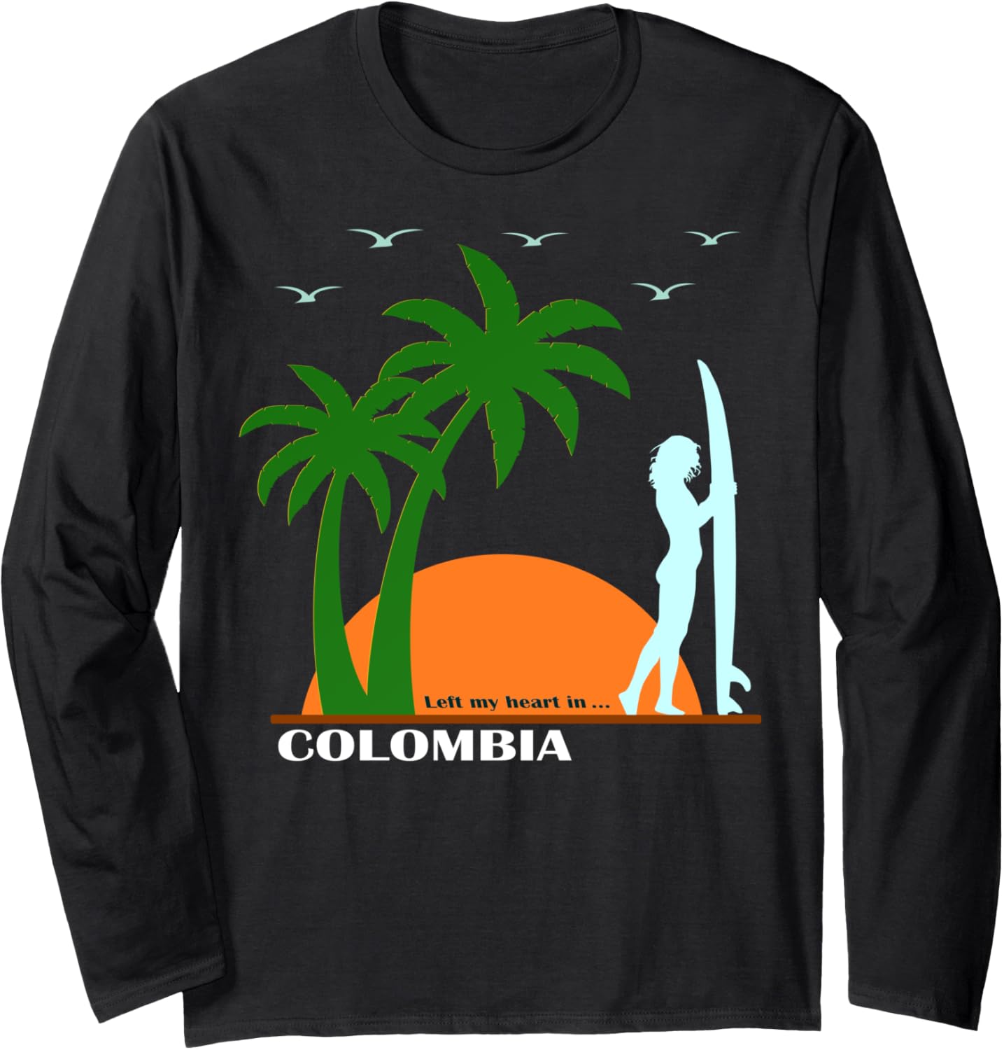 

Футболка с длинными рукавами Columbia Palm Trees Beach Surfing Latin America Cocktail Souvenir Holiday Seabirds Medellin Sea Summer Gift Latin America, черная