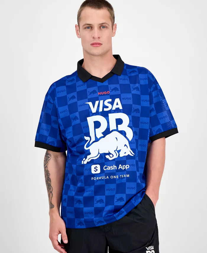 

Мужская поло с коротким рукавом oversize в клетку с открытым воротом и логотипом Fanwear Hugo Boss, синий