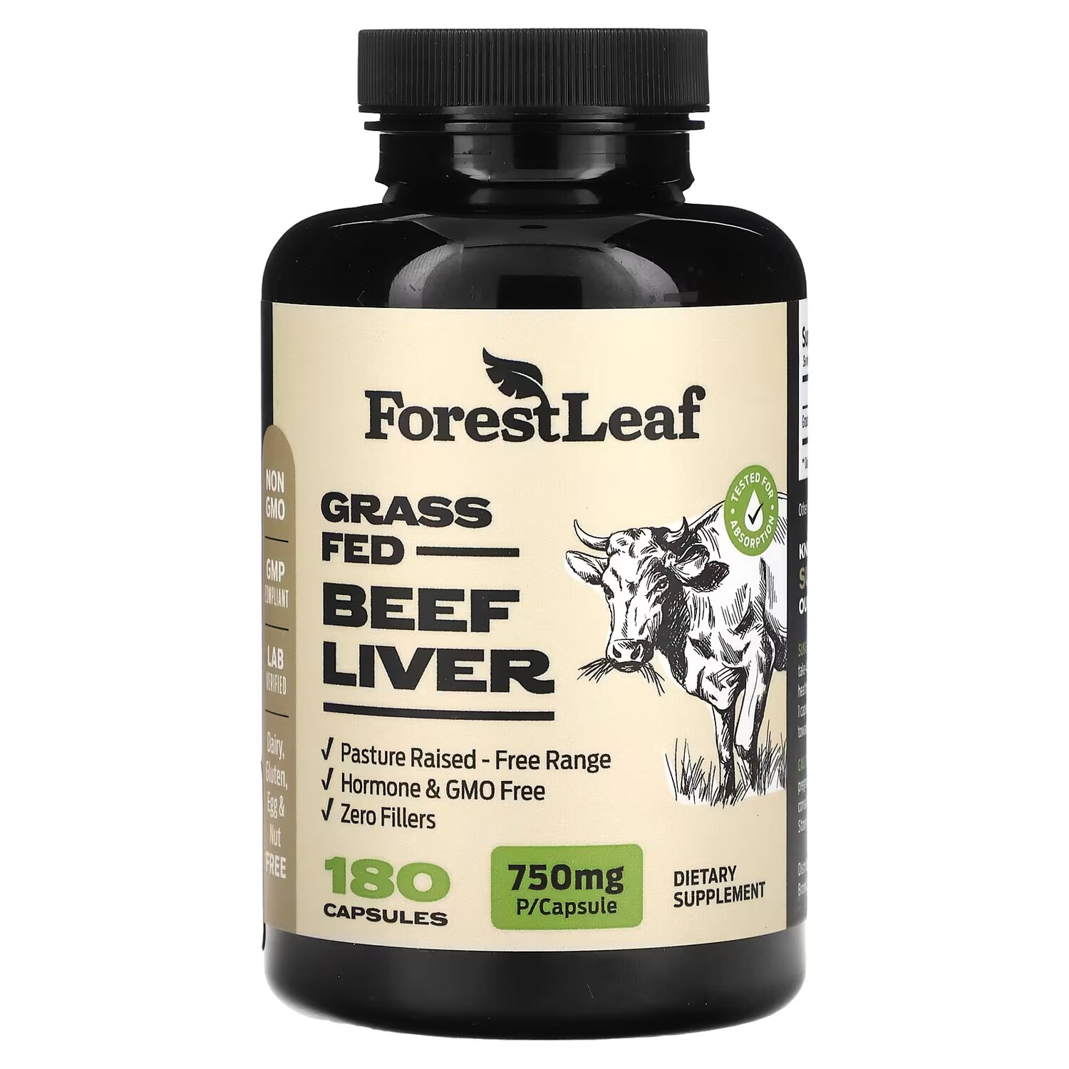 

Добавка Forest Leaf Grass Fed печень говяжья, 750 мг