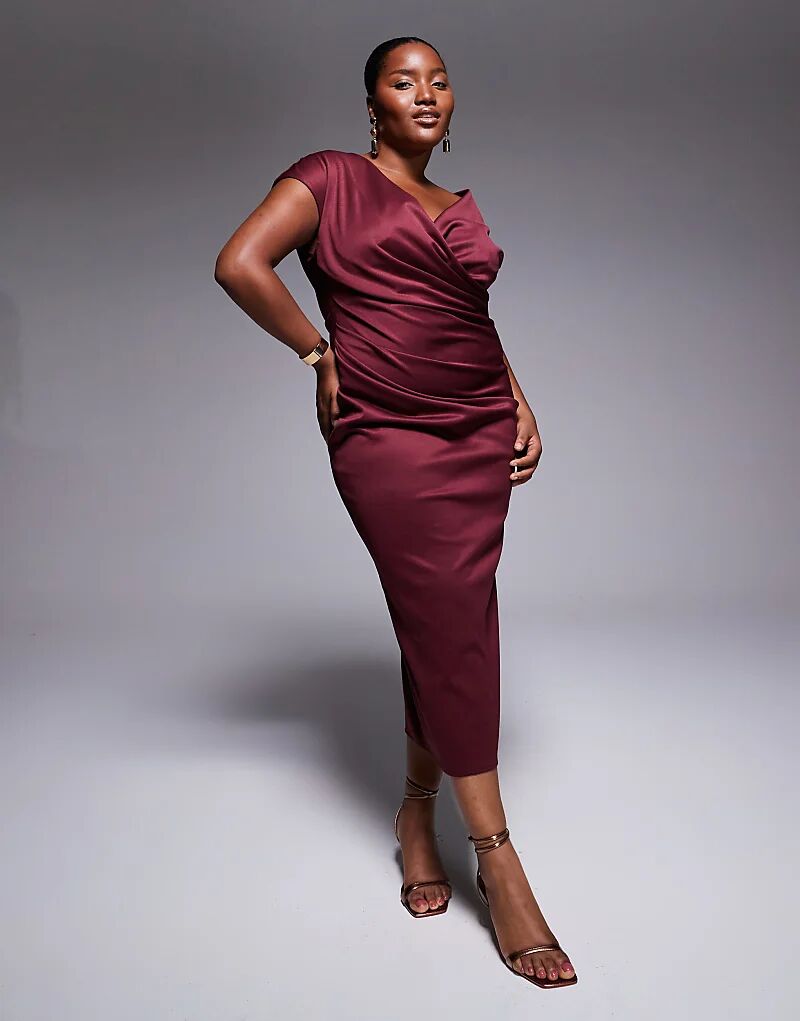 

Платье миди ASOS DESIGN Curve с изогнутым кроем, рукавами-крылышками и драпировкой спереди в темно-ягодном цвете