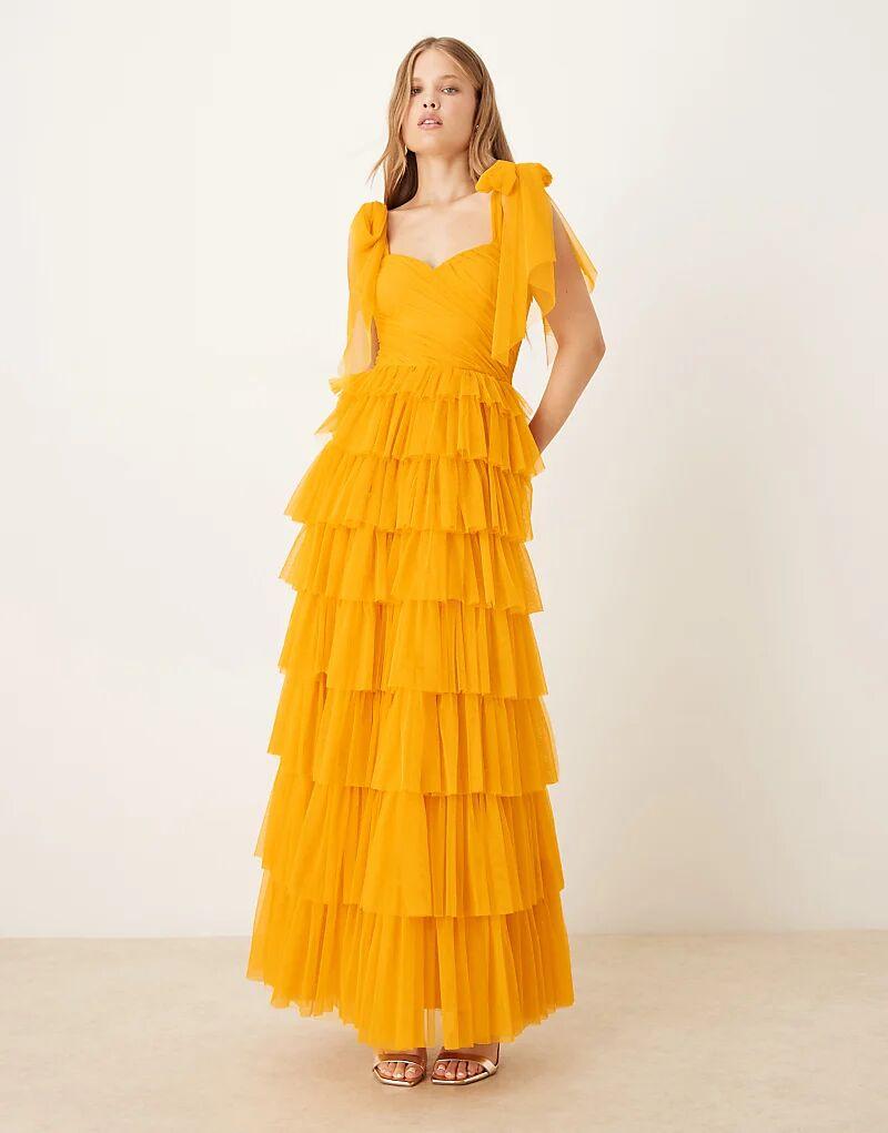 

Платье макси из тюля с бантом на плече, кружевом и бисером, цвета ириски