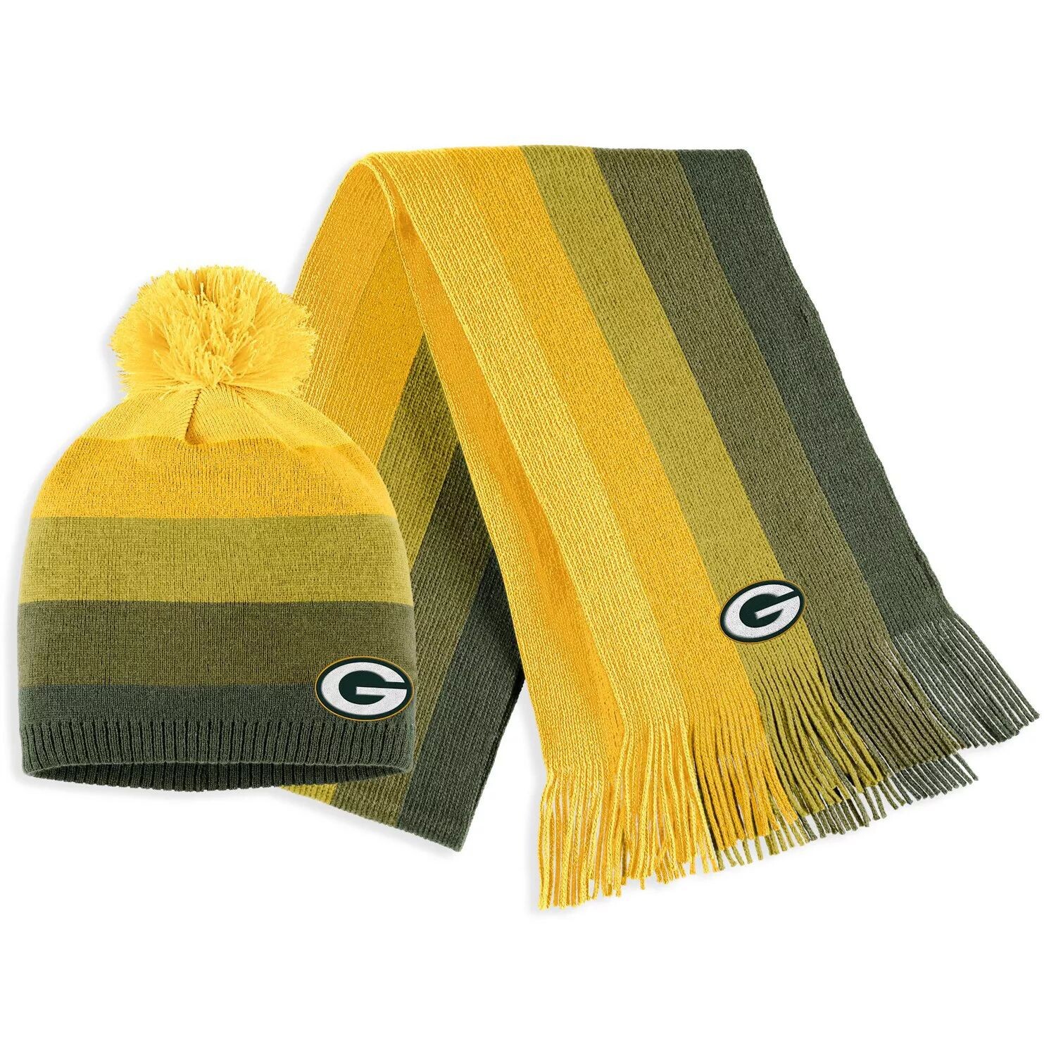 

Женская одежда Erin Andrews Gold Green Bay Packers Комплект из вязаной шапки и шарфа с помпоном в стиле омбре
