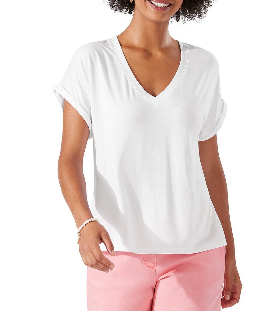 

Tommy Bahama Kauai Мягкая трикотажная футболка стрейч с v-образным вырезом и короткими рукавами, белый