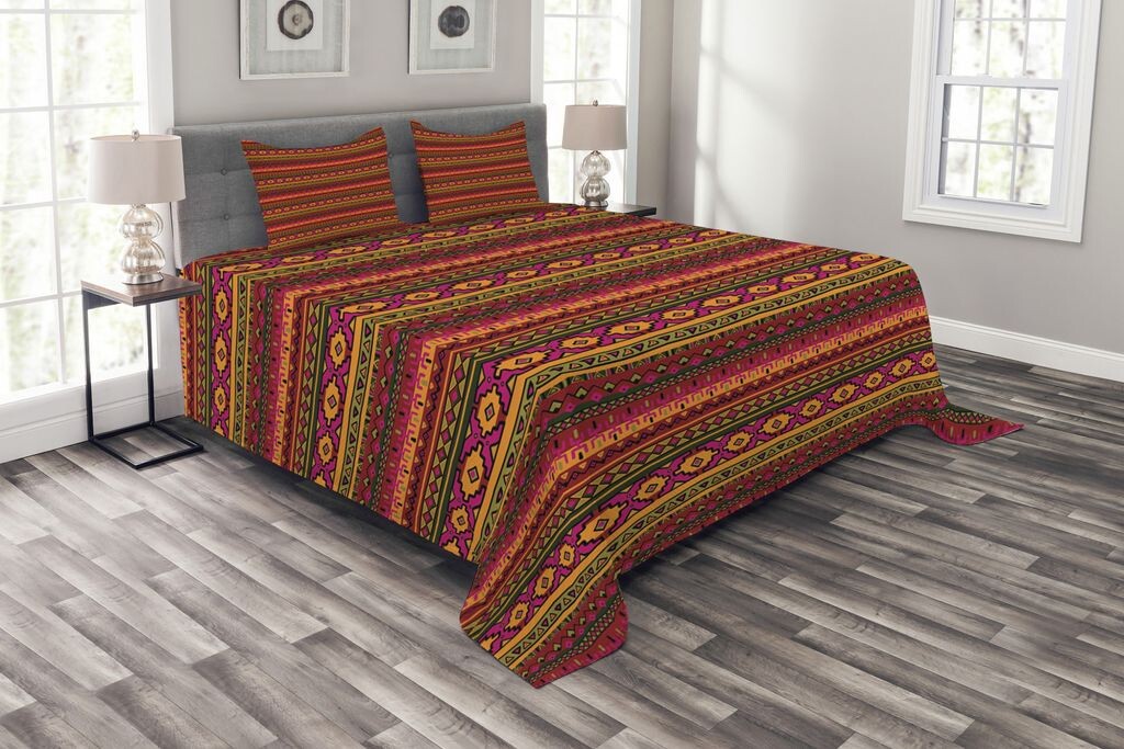 

ABAKUHAUS Комплект покрывала Aztec, винтажные перуанские мотивы, комплект со моющимися наволочками, для односпальных кроватей 220 х 220 см, разноцветный