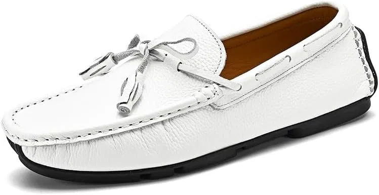 Лоферы мужские с кисточками, White, Square Toe, Driving Boat Shoes, Anti-Slip SayfuR