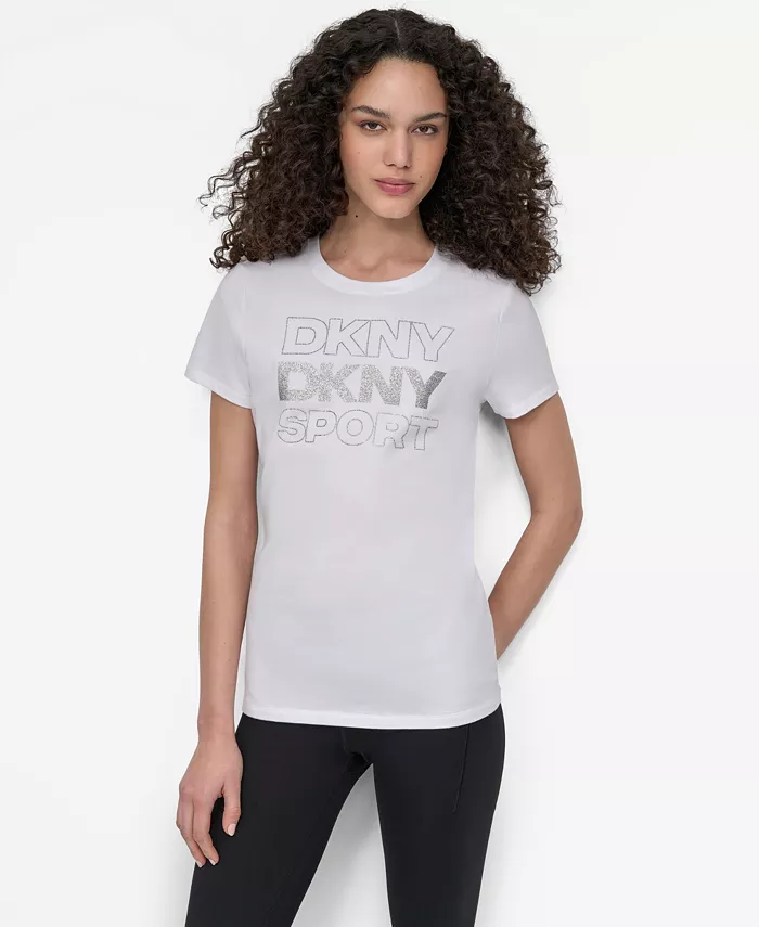 

Женская спортивная футболка DKNY с блестящим логотипом и круглым вырезом, белый
