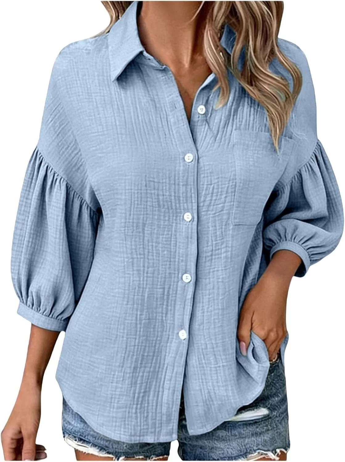 Блуза льняная с длинным рукавом, свободная, без воротника, Light Blue