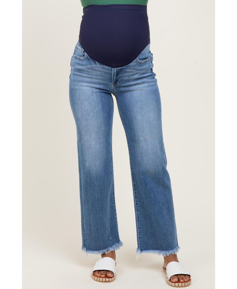 

Синие джинсы для беременных прямого кроя с бахромой по низу штанин Pinkblush, Blue