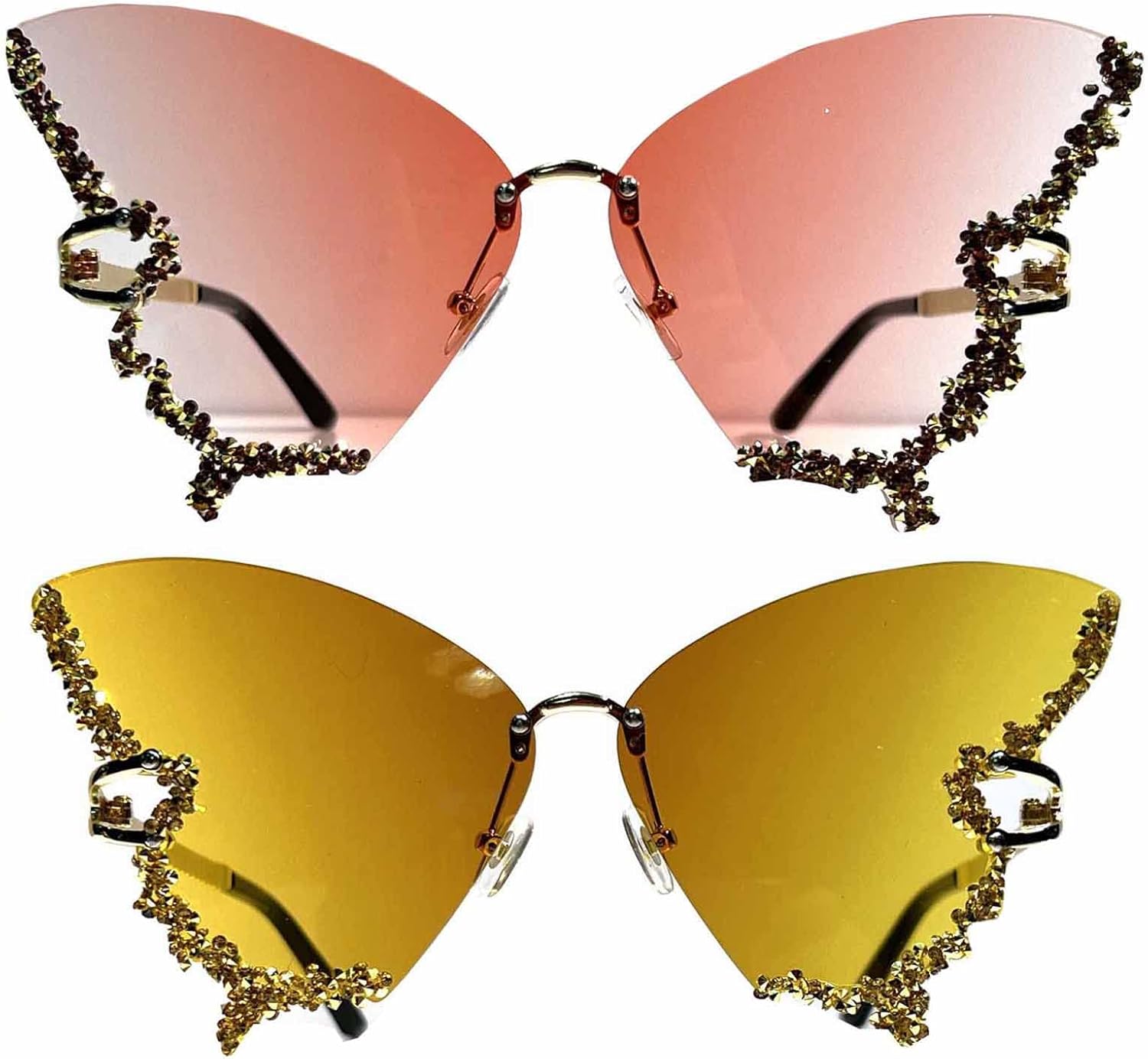 

Солнцезащитные очки Willochra с блестящими кристаллами и бабочками, женская металлическая оправа, градиентные солнцезащитные очки, женские очки без оправы со стразами, 2pcs-pink&yellow