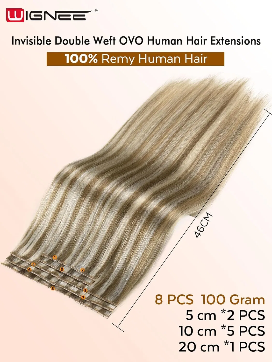 Накладные пряди WIGNEE из 100% натуральных волос Remy 46 см, 8 упаковок, 100 г Wignee, Blonde Ombre — фото 2