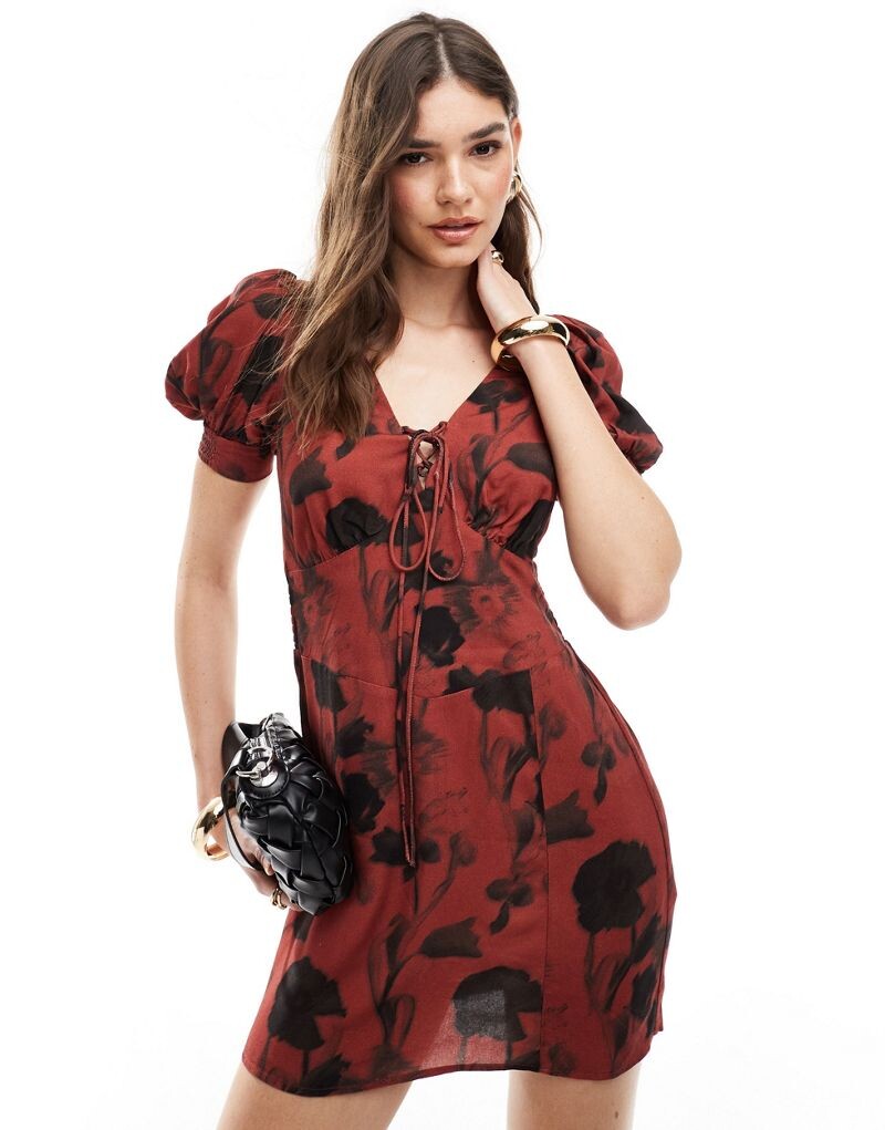 

ASOS DESIGN – винтажное мини-платье на шнуровке с цветочным принтом и пышными рукавами