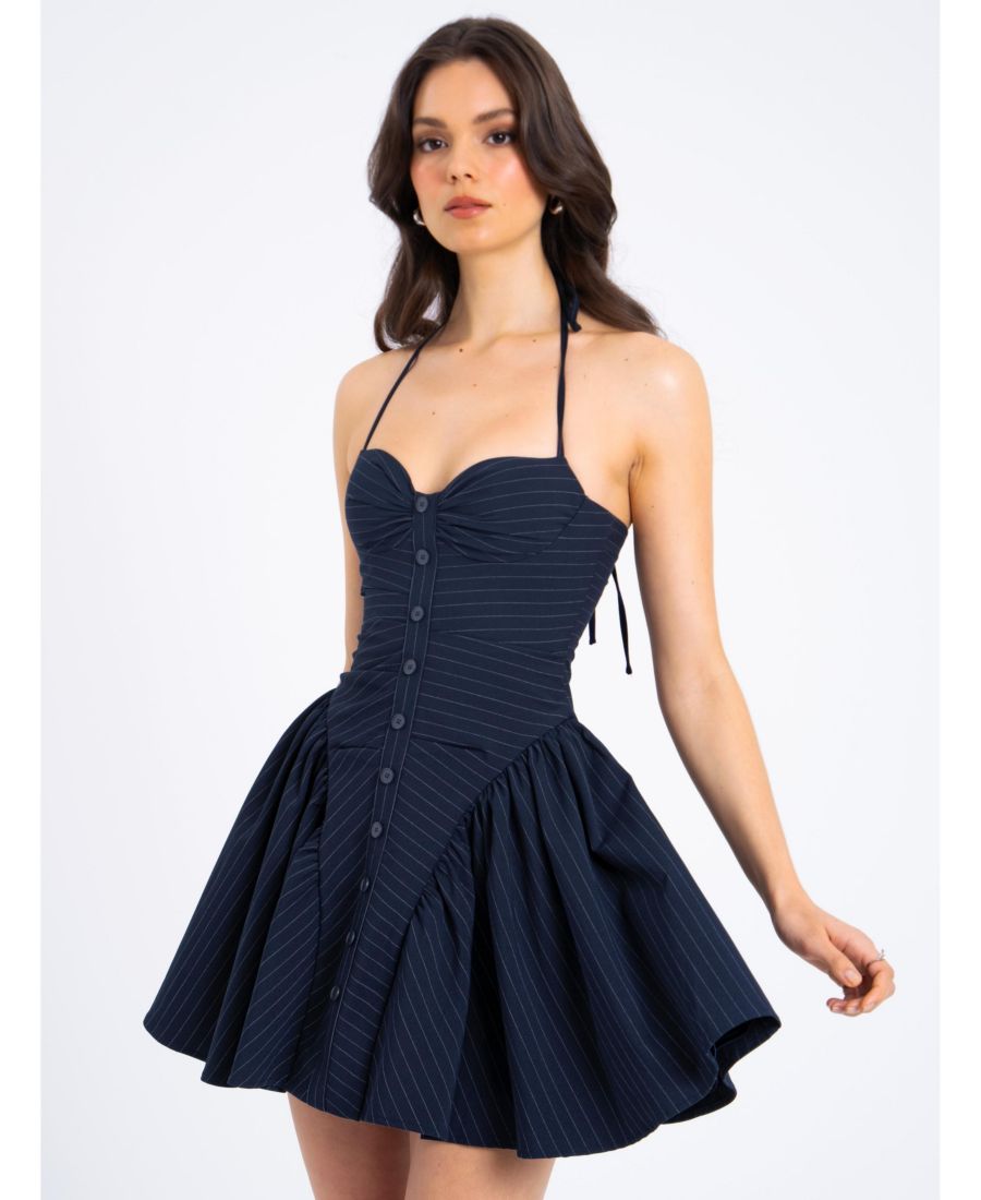 

Женское мини-платье Melody темно-синего цвета в тонкую полоску с завязками на шее и заниженной талией Miss Circle, Navy