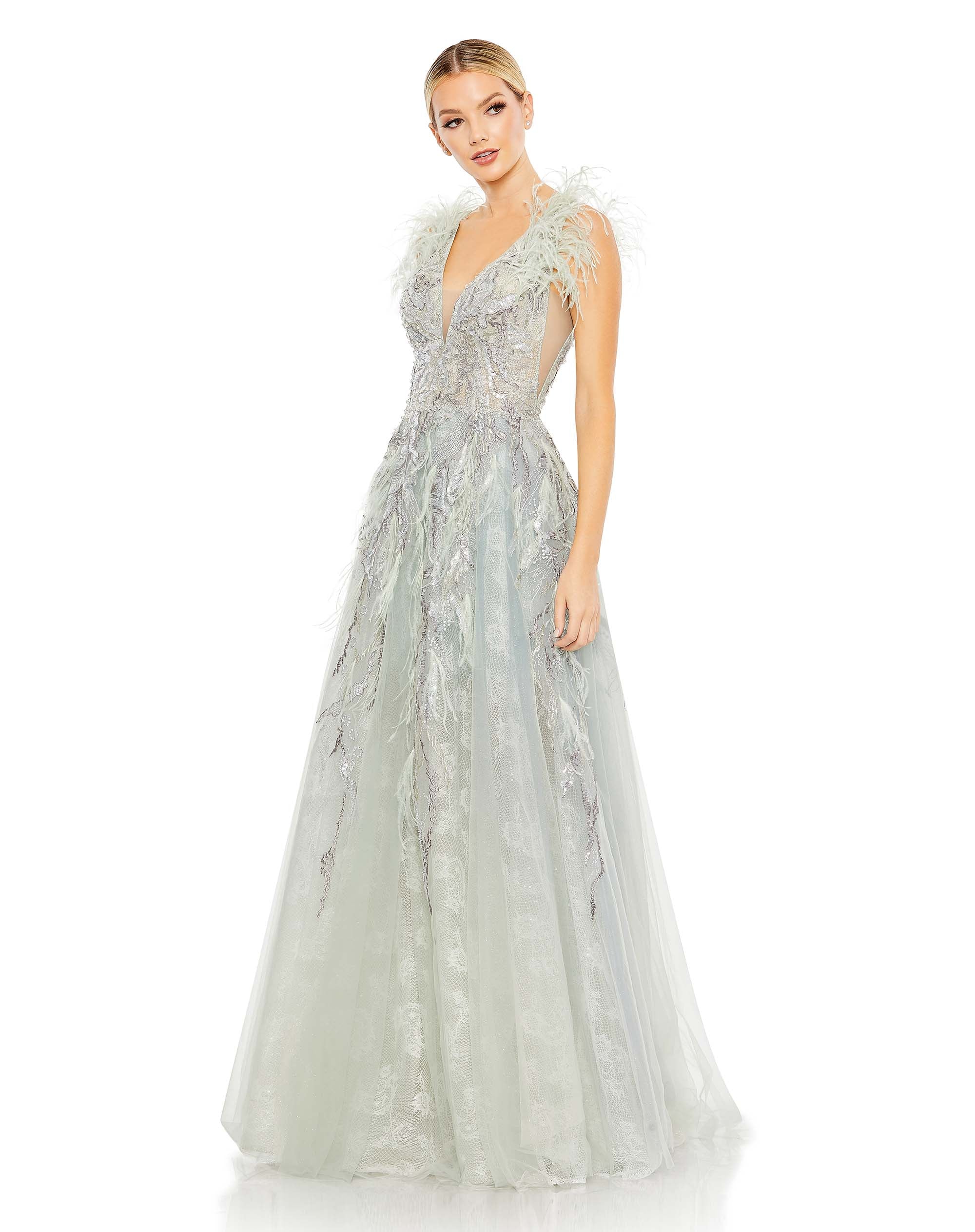 

Платье без рукавов с декором из перьев А-силуэта Mac Duggal, цвет seamist