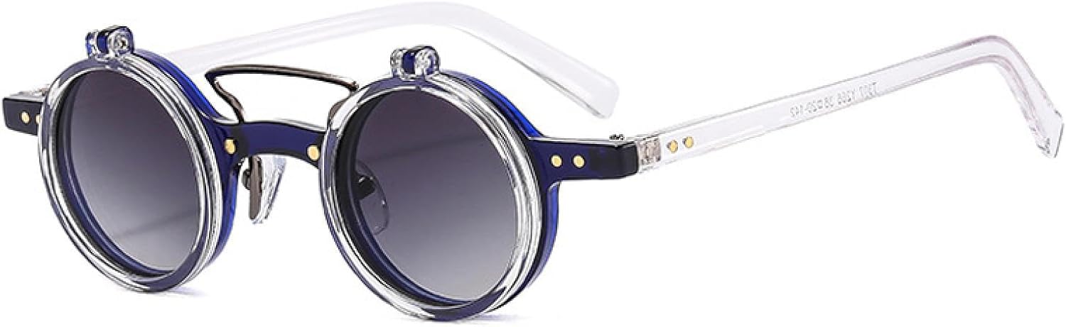 

Популярные модные маленькие круглые панк-солнцезащитные очки с двойной перемычкой для женщин, ретро-очки с откидными линзами, солнцезащитные очки UV400 для мужчин с заклепками VVTWSSW, Blue Clear Gray