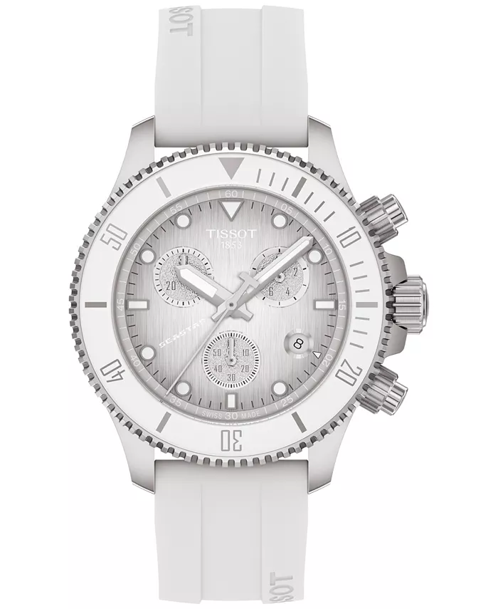 

Мужские часы Swiss Chronograph Seastar 1000 с белым резиновым ремешком, 38 мм Tissot