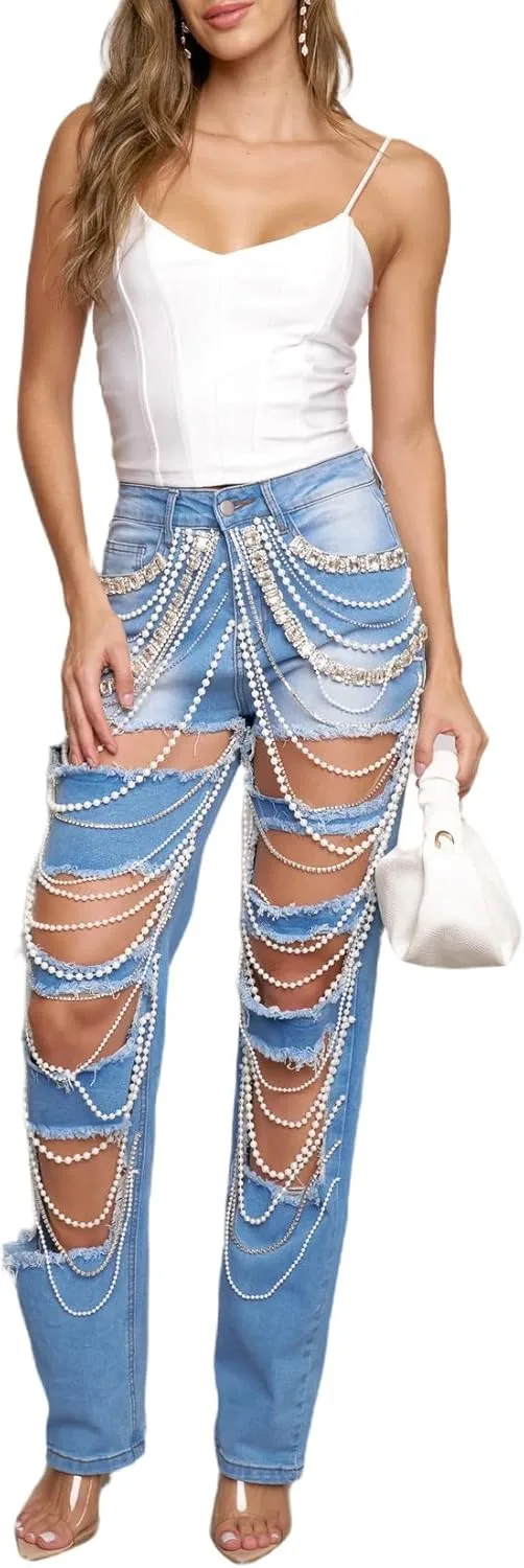 

Женские джинсы Wide Leg с разрывами и стразами LsojbKjng