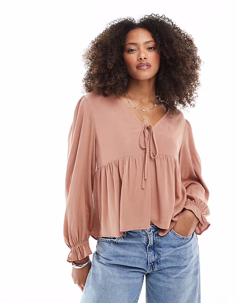 

Блузка Miss Selfridge с баской и завязкой спереди цвета мокко