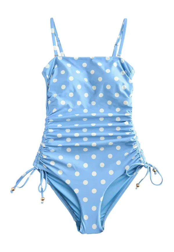 Купальник слитный Next, bandeau ruched leg tummy control swimsuit tall regular fit, синий в белый горошек