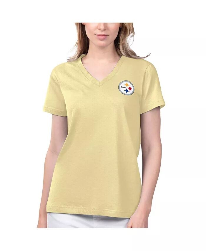 

Женская золотая футболка Pittsburgh Steelers Game Time с V-образным вырезом Margaritaville