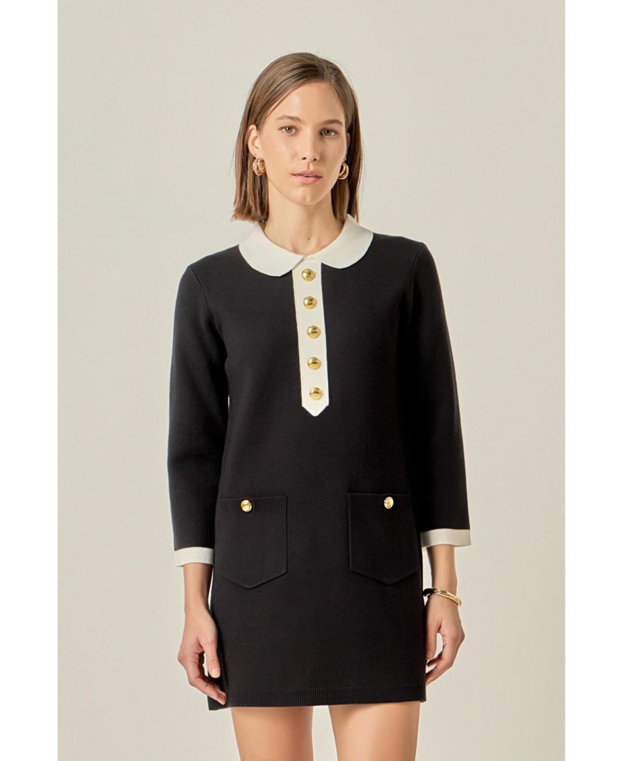 

Женское мини-платье из трикотажа с воротником English Factory, Black/off white