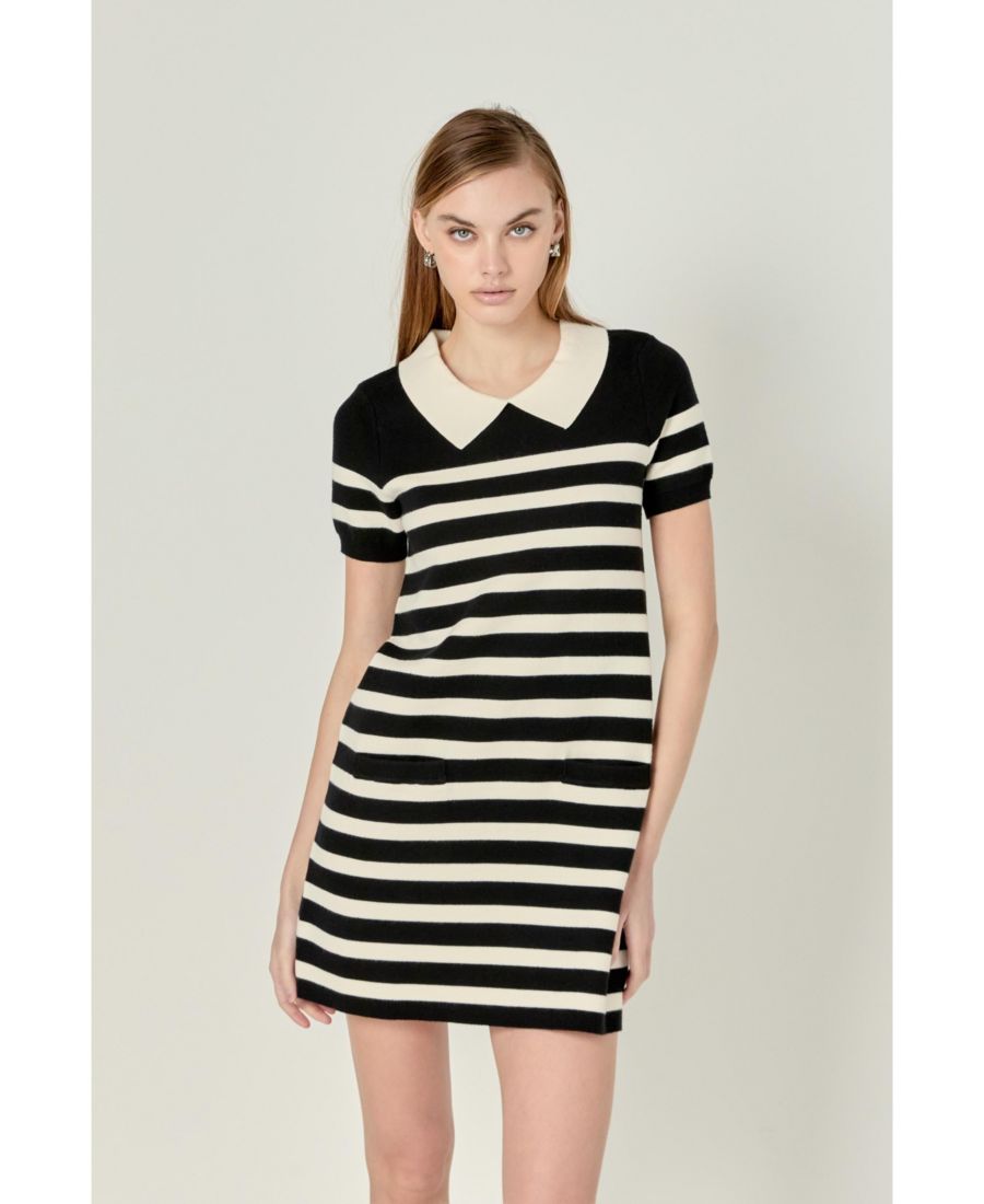 

Женское мини-платье в полоску с воротником English Factory, Black/white