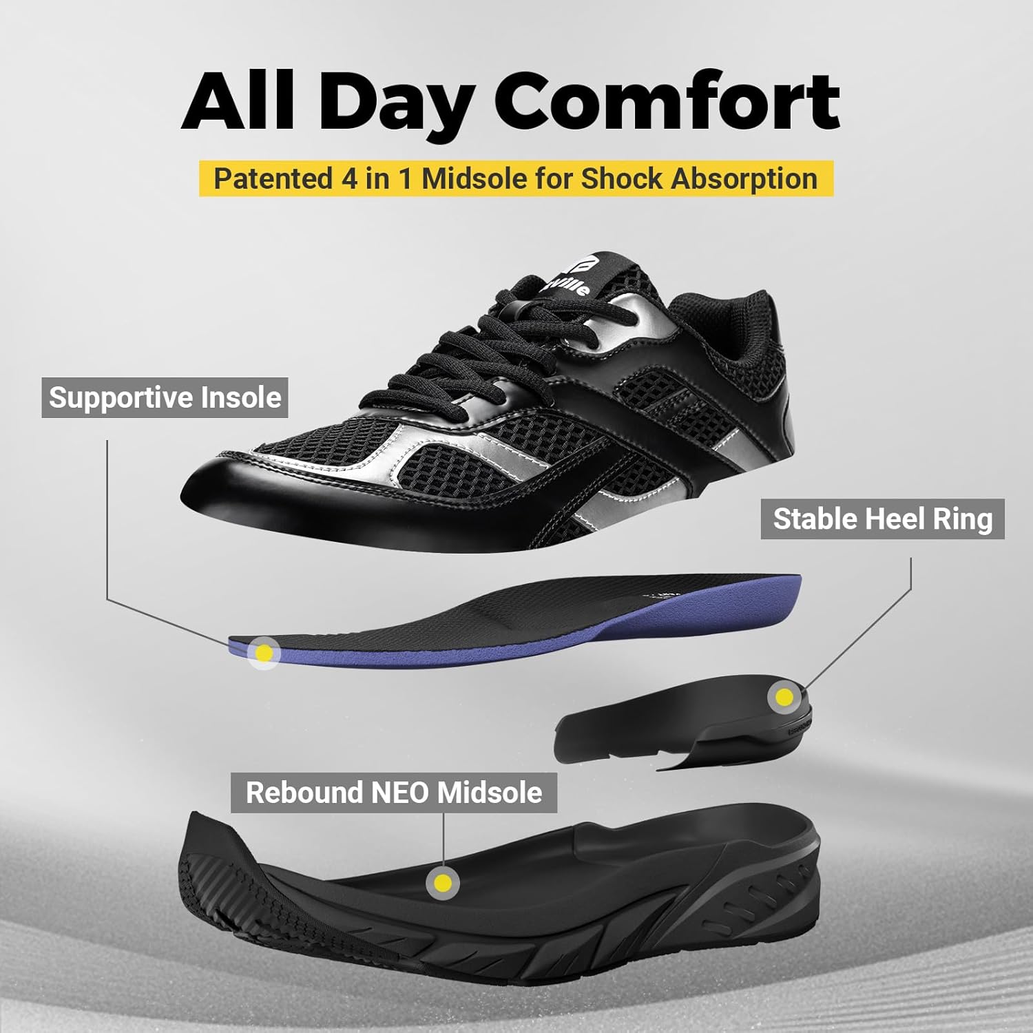 Мужские кроссовки FitVille Extra Wide Walking Shoes Wide Wide Retro Sneakers Non-Slip Cross Trainers with Arch Support for Flat Foots Plantar Fasciitis - Rebound NEO V6, черный — фото 3