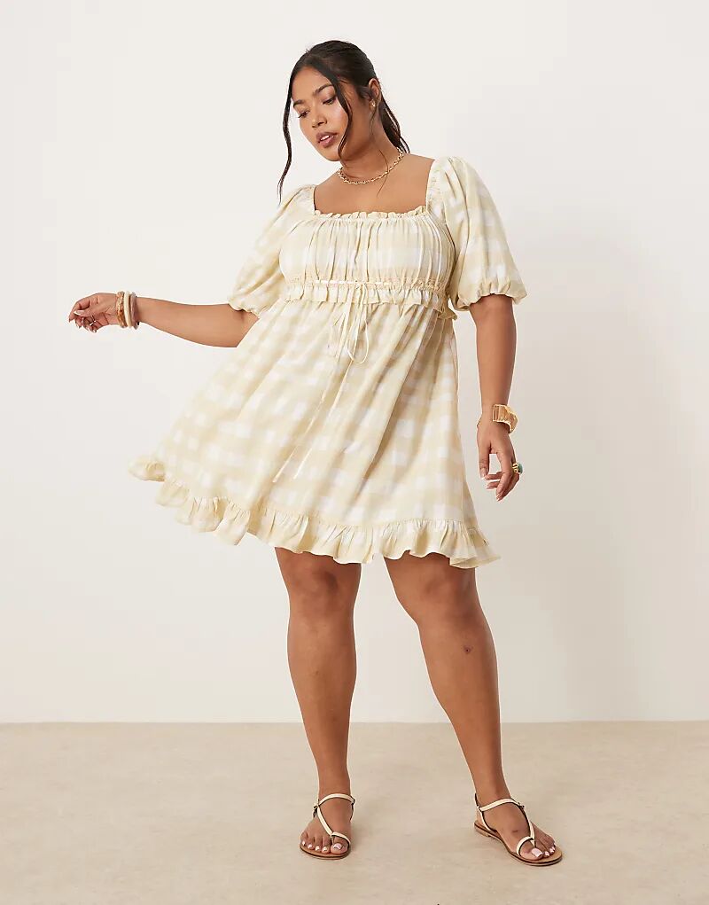 

Платье-рубашка мини ASOS DESIGN Curve с квадратным вырезом и рукавами-буфами в желтую клетку Asos Curve