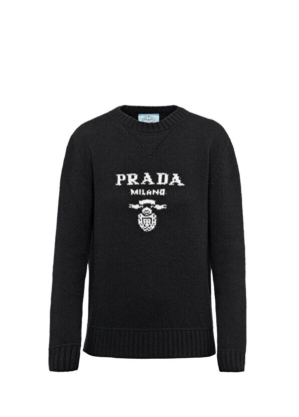 Свитер Prada с круглым вырезом из кашемира и шерсти с логотипом Prada, черный