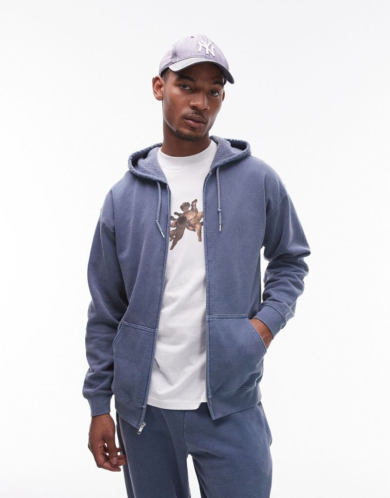 

Голубая худи на молнии в винтажном стиле Topman