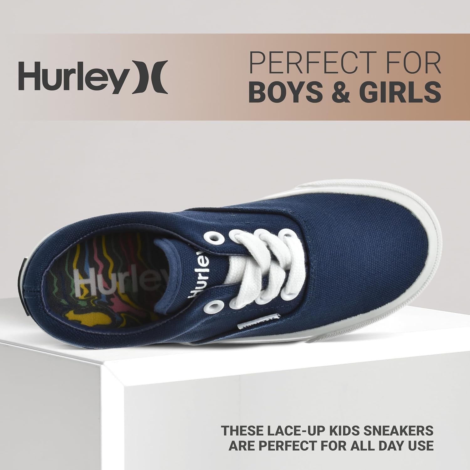 Детские кеды Hurley Marley на шнуровке - низкие кроссовки для скейтбординга для детей, спортивная обувь для мальчиков и девочек, белый/синий/темно-синий — фото 3