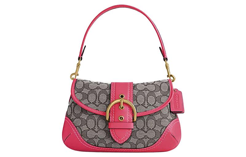 

Сумка через плечо Soho из ткани с кожаными вставками в форме полумесяца для женщин, клубнично-красный и серый COACH