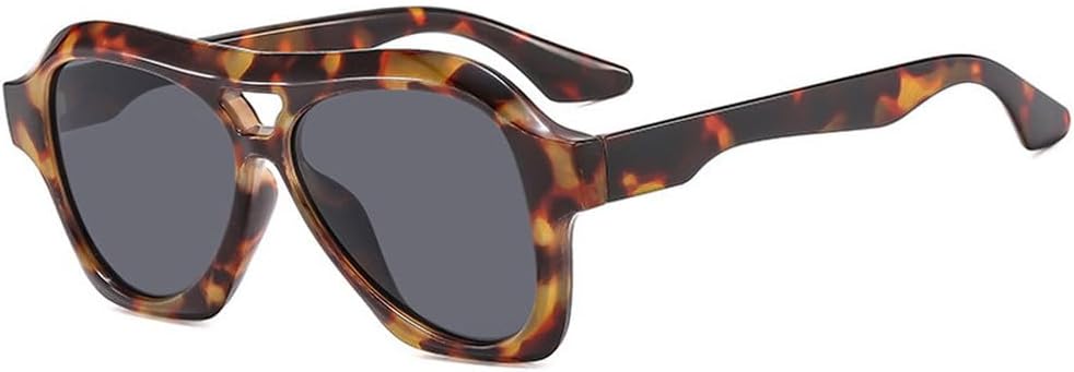 

Модные солнцезащитные очки-пилот с двойной перемычкой, женские, в стиле ретро, ​​с прозрачными линзами, защита от УФ-излучения UV400, мужские, в стиле панк WNCKSQ, Leopard Grey