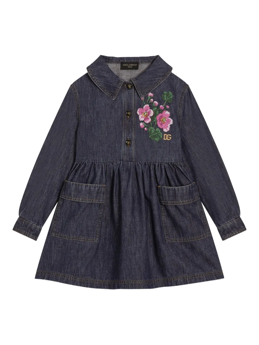 

Джинсовое платье с цветочной вышивкой Dolce & Gabbana Kids, синий