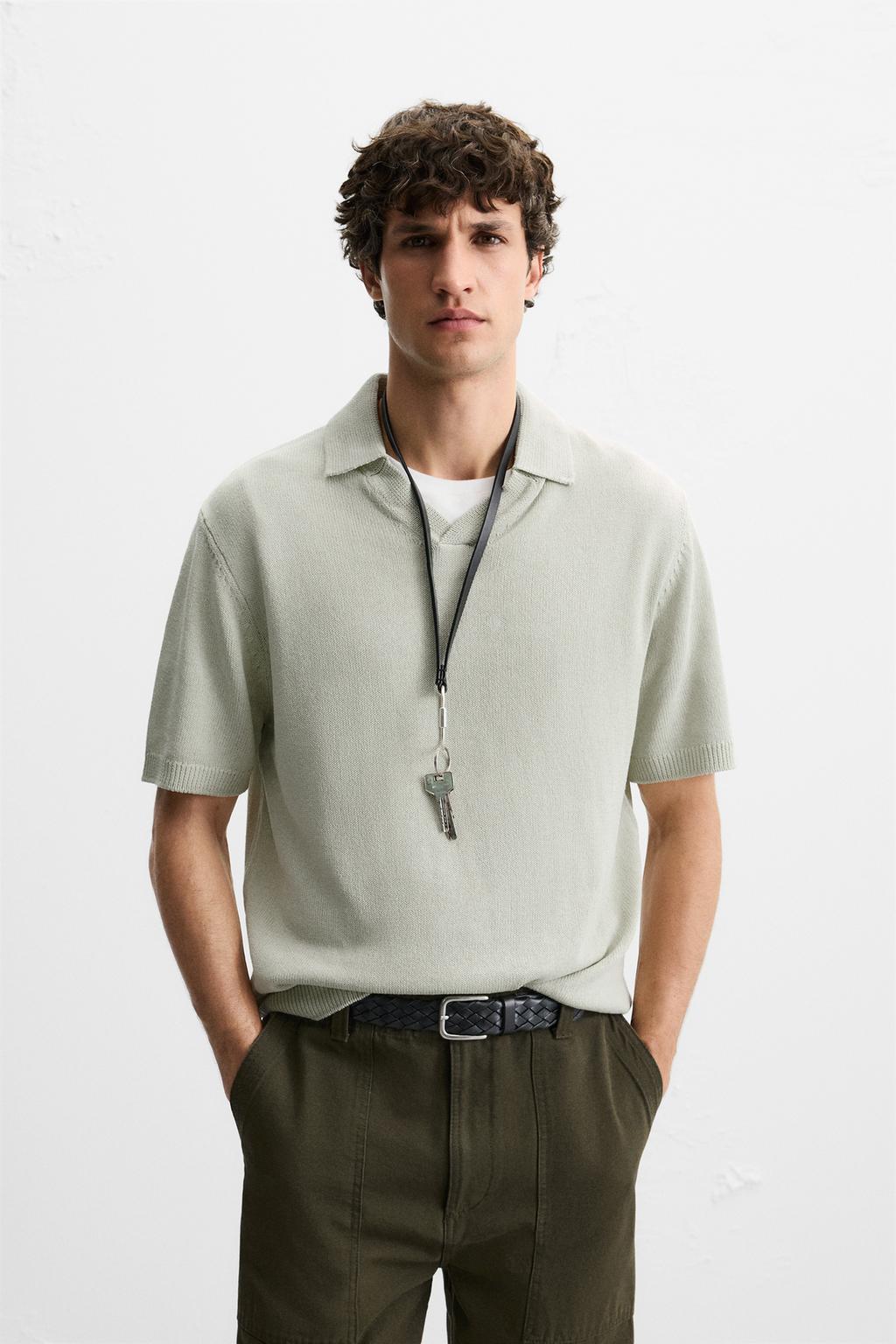 

Текстурированная трикотажная рубашка поло ZARA, цвет Sage Green